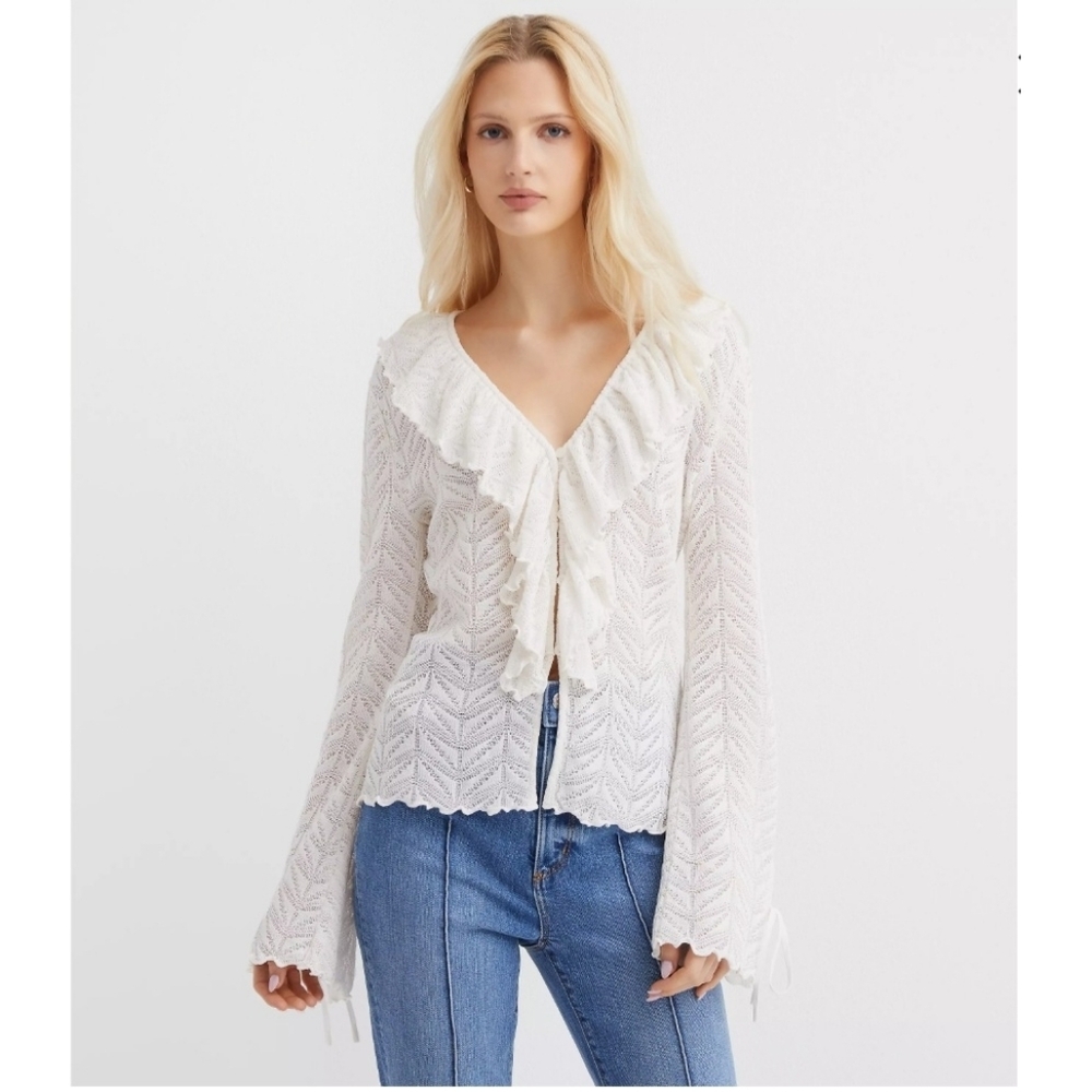 NWT Loft Size XL Cream Lace Button Front Pointelle Ruffle Tie Cuff Top